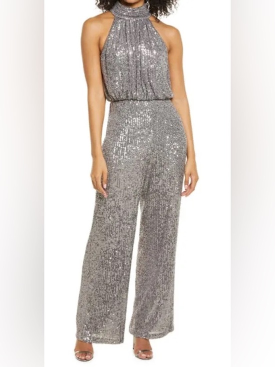 Eliza J Pants - Eliza J Sequin Mock Neck Jumpsuit Size 8 Gunmetal Silver